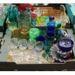 Two boxes of miscellaneous Victorian and later mainly coloured glassware to include various beakers,