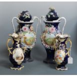 A pair of large late 19th century continental porcelain floral encrusted twin handled vases and