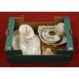 A box of miscellaneous items, to include part early 20th century floral encrusted table