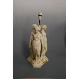 A Victorian parian table lamp base in the form of The Three Graces in standing pose on a