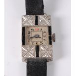 An Art Deco lady's platinum cased, sapphire and diamond set cocktail watch, having mechanical