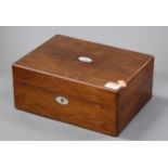 A Victorian rosewood and mother of pearl inlaid needlework box, width 28cm