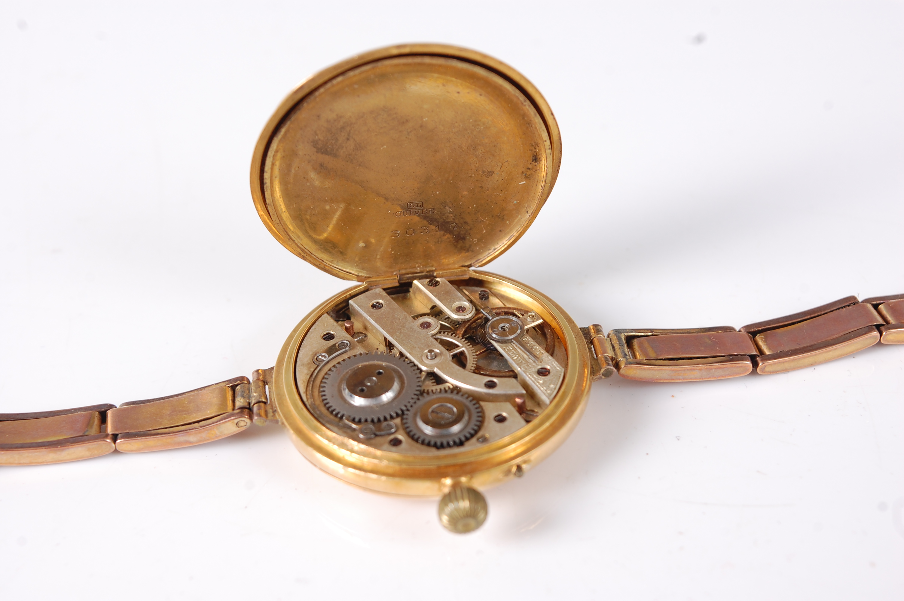 An 18ct gold cased half hunter pocket watch, converted into a wristwatch, on 9ct gold bracelet, - Image 2 of 2