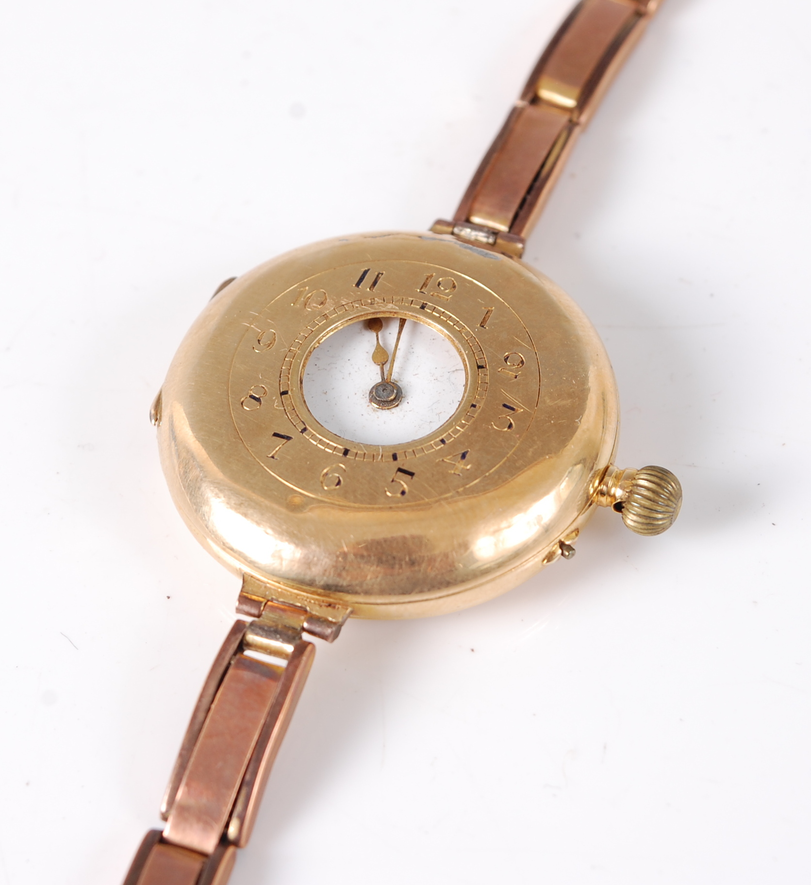 An 18ct gold cased half hunter pocket watch, converted into a wristwatch, on 9ct gold bracelet,