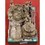 A box of assorted plated wares to include seven bottle cruet stand, spirit kettle on stand,