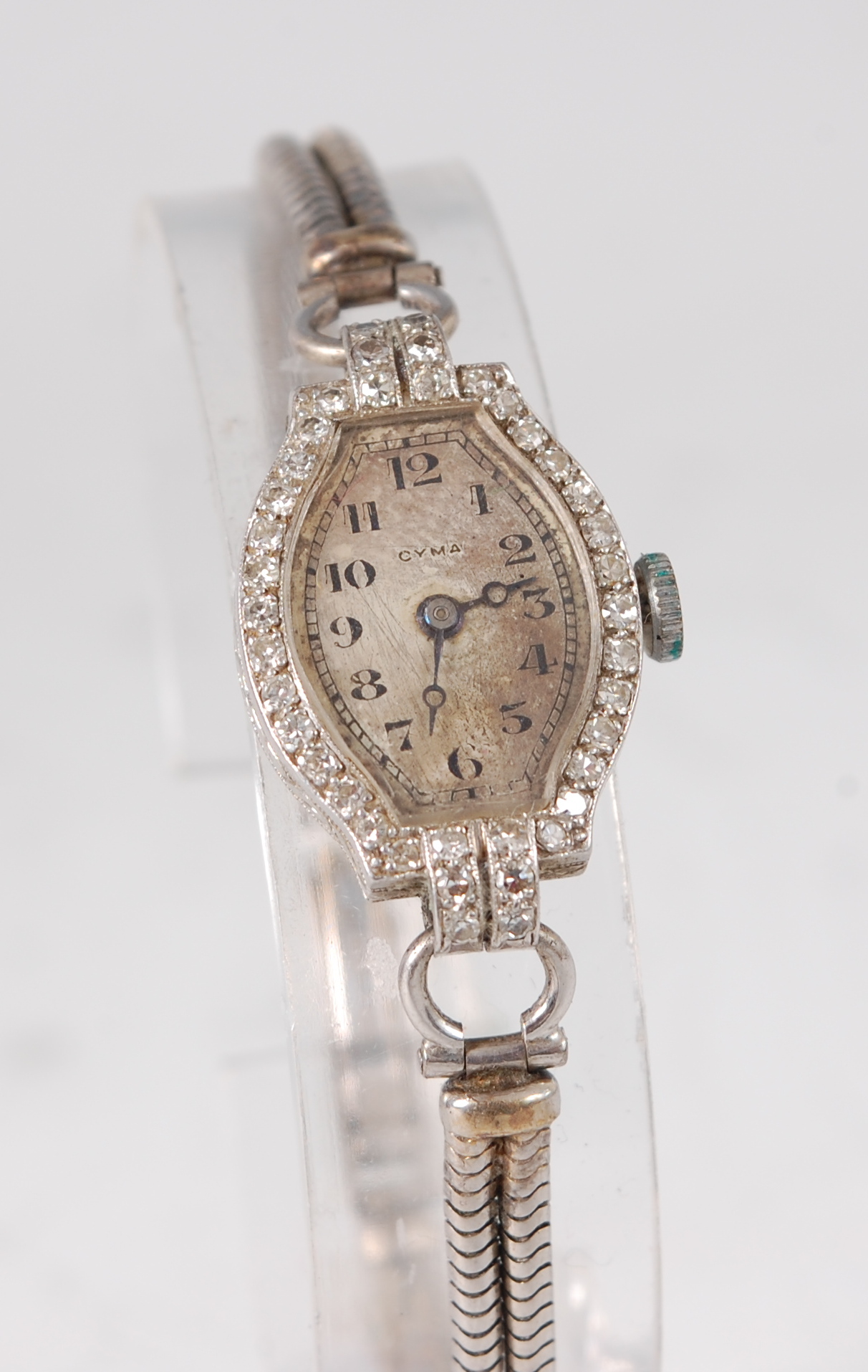 A Cyma Art Deco platinum cased lady's cocktail watch, having mechanical movement, in diamond set