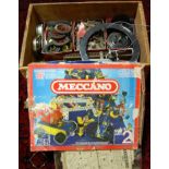 One box containing Meccano boxed sets, other Meccano instructions, and various Meccano accessories