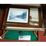 Assorted prints and photographs of railway interest together with Jaques Skittles table