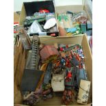 Three boxes containing various toys including Britains horse and cart, various Britains lead