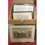 A box of assorted pictures and prints to include topographical engravings