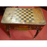 A mid-Victorian figured walnut and inlaid round cornered games table, having chessboard inlaid