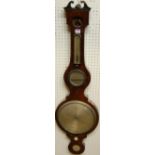 An early 19th century mahogany four dial wheel barometer (lacking upper dial and with further