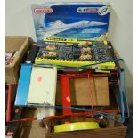 Two boxes of mixed toys to include Meccano Concord, Lesney Coronation Coach, Triang high seat etc