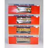 Four Lionel Union Pacific passenger cars, grey and yellow; 'Ocean Sunset' Pullman 6-9549; 'Placid