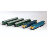 A Hornby BR green 3 car class 101 DMU (G), BR blue Hymek diesel (G) and Lima, also BR blue, class 33