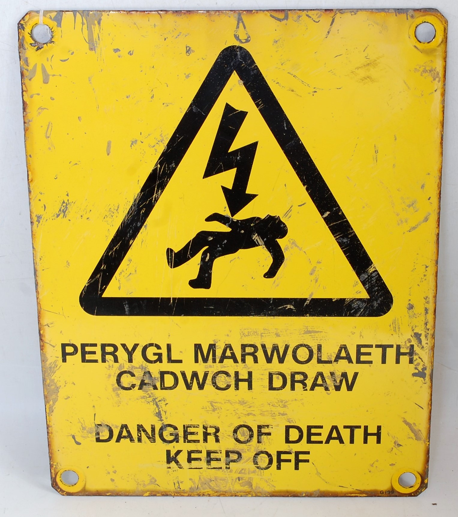 An enamel sign, dual language English/Welsh 'Danger of Death - Keep Off'