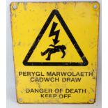 An enamel sign, dual language English/Welsh 'Danger of Death - Keep Off'