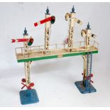 Hornby 1935/36 No. 2 signal gantry with green bridge lining lighter blue bases, ladder and