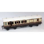 Bing Gauge 1 brown and cream Br/3rd corridor bogie coach No. 1921, opening doors, some crazing to