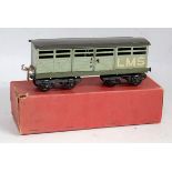 Hornby 1925/27 LMS No. 2 cattle truck olive green base, unlettered, white LMS on grey body, dark