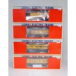 Four Lionel Union Pacific passenger cars, grey and yellow: Combo car 6-9546; Vista Dome 6-19121 with