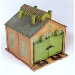 Hornby 1928/33 No. 1 clockwork engine shed on yellow/cream base, yellow ridge tiles, inside of doors