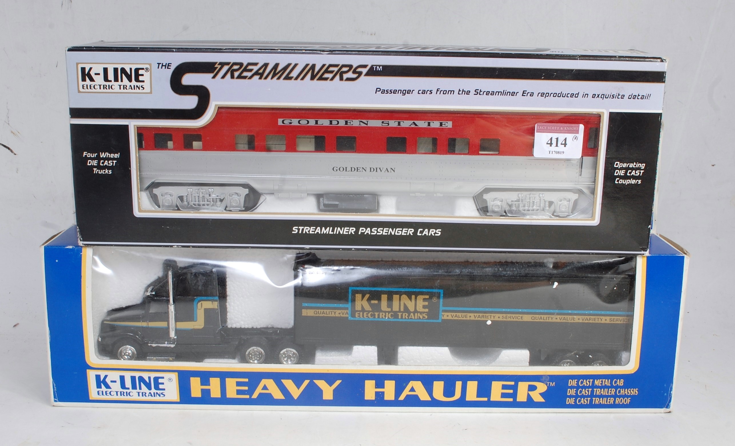 Two K-Line items: Golden State streamliner car K4532-0479 flat end observation car (NM-BVG) with