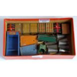 Small box containing Hornby tinplate accessories including 8x luggage, 2x milk trucks, 1x watchman's