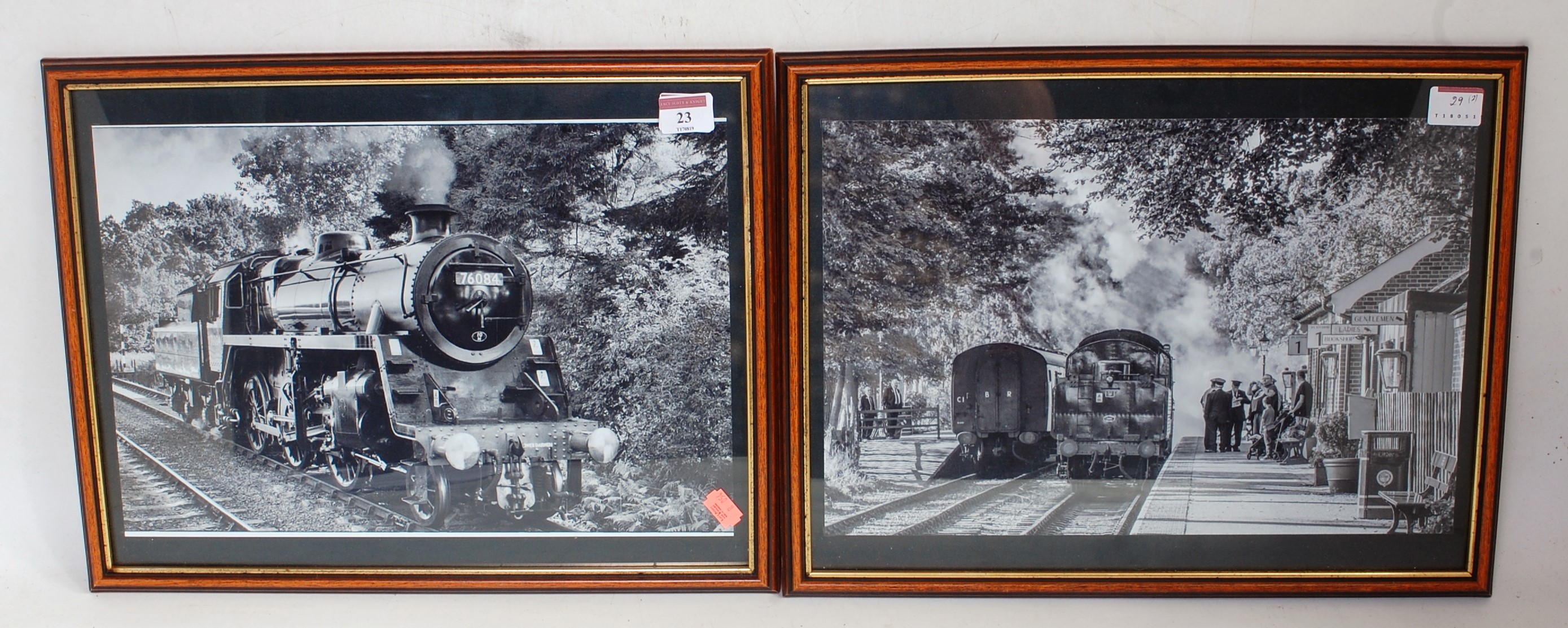 Pair black and white framed and glazed photos 17"x13" showing views of trains on North Norfolk