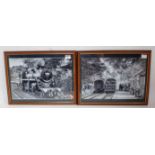 Pair black and white framed and glazed photos 17"x13" showing views of trains on North Norfolk