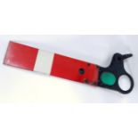 An original cast iron enamel BR home signal arm complete with both red and green spectacle (Red