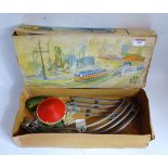 Unusual tinplate clockwork powered oriental made fun railway, appears complete but box damaged (G-