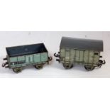 Carette 1912 grey covered goods wagon Cat. No. 13494 (G-VG), with a grey 1912 Planwagen (open