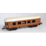Bing teak LNER bogie coach No. 2568 with repainted hinged roof and complete set of tables and chairs