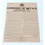 A Factories Act 1937 poster regarding grinding wheels, possibly Stratford origin
