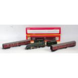 A Hornby BR lined green class A4 engine and tender "Mallard" 4 maroon MK1 coaches with "Talisman"