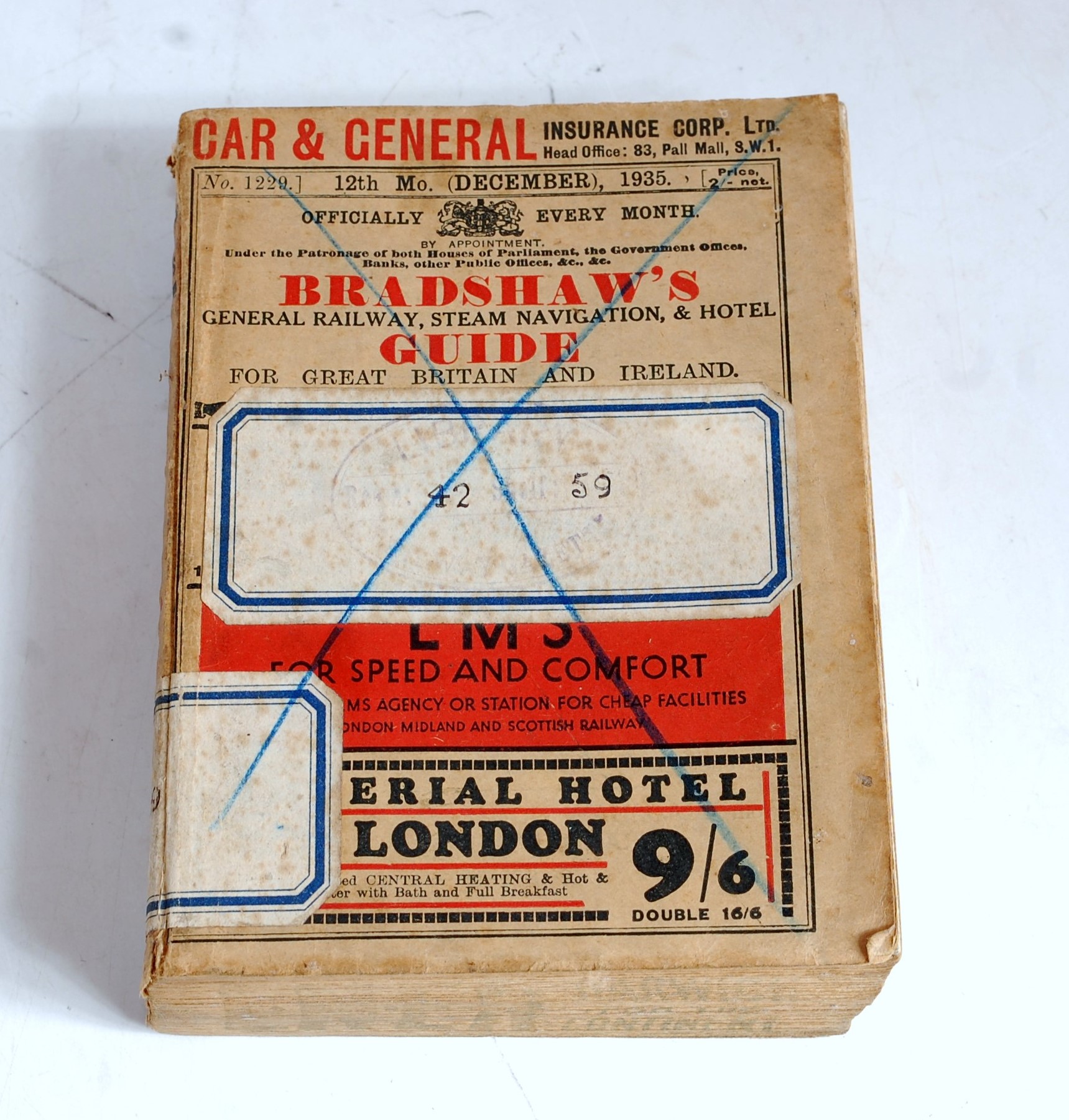 An original Bradshaws Railway Guide dated 12th December 1935, stamped to edges LNER Harwich for