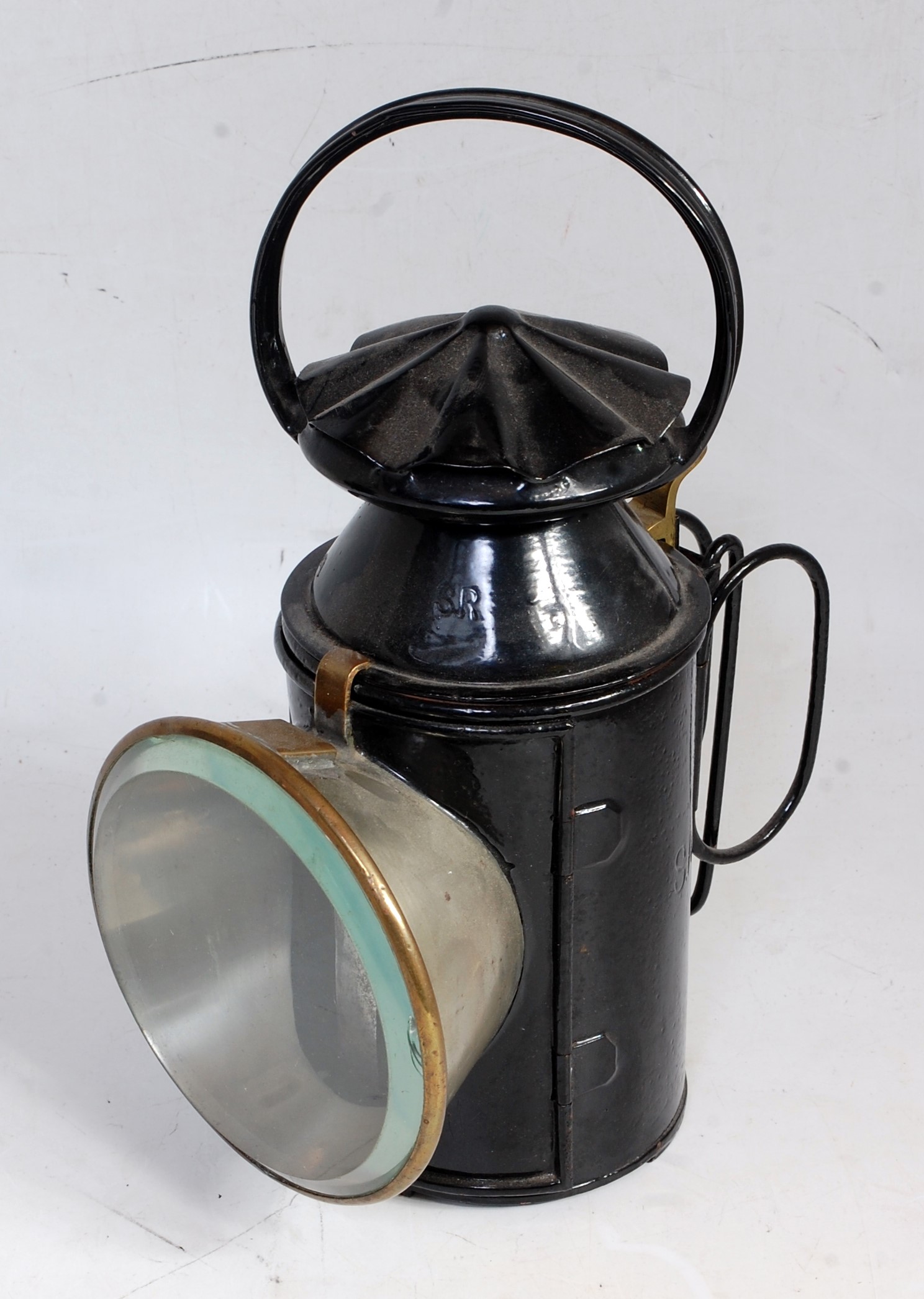 An original Southern Region piecrust top triple aspect hand lamp with original Southern Region