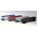 4x Lionel bogie hoppers including brown Norfolk and Western, silver Alcoa Aluminium, black Alaska RR