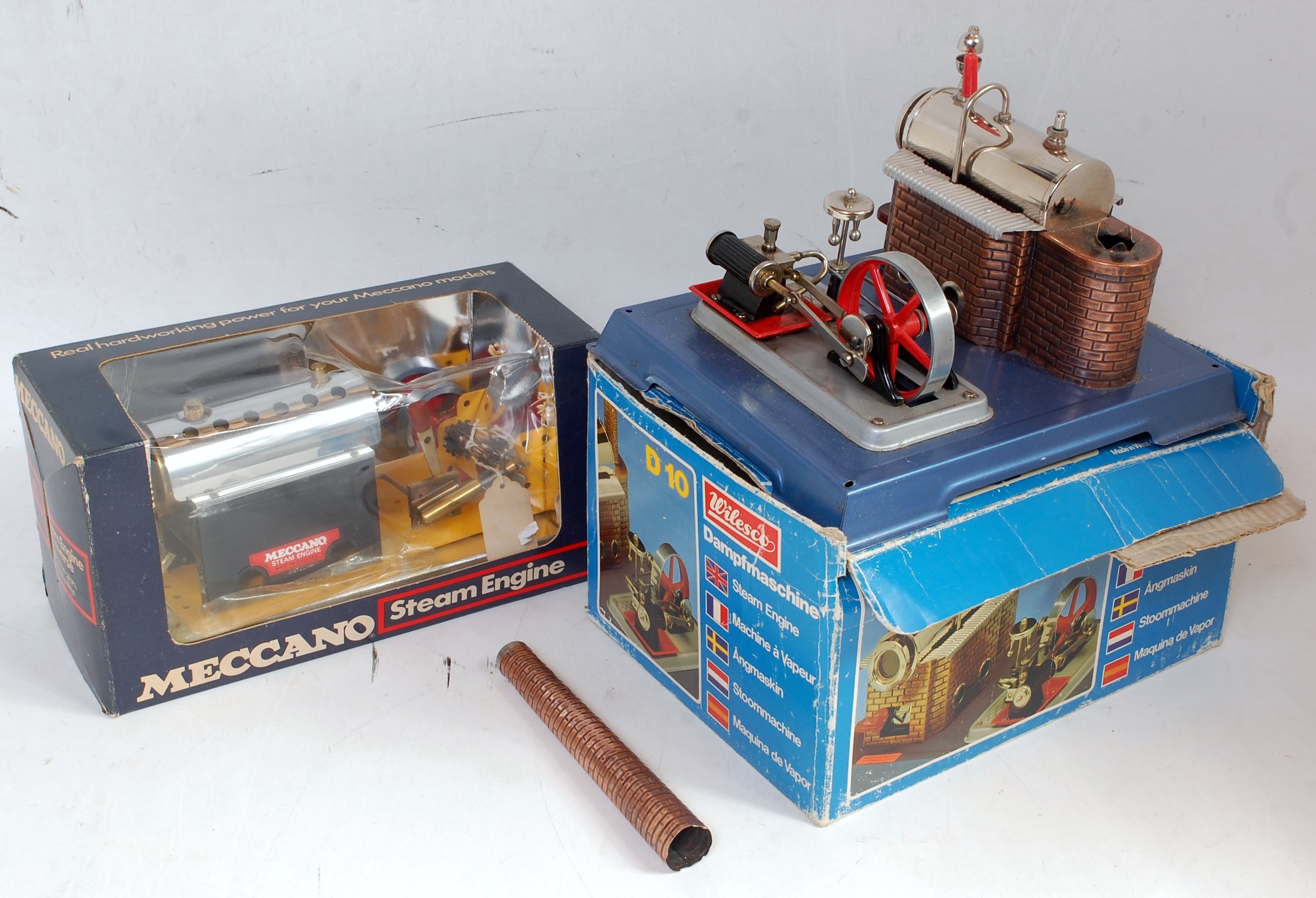 A Wilesco and Meccano boxed stationary steam group to include a Wilesco D10 stationary steam