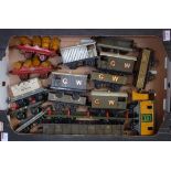 Large tray containing 16 Hornby pre-war mainly GW wagons, No. 2 timber No. 1 lumber, flat with