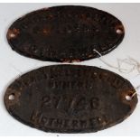 A pair of wagon plates Hurst Nelson & Co Ltd Motherwell, one a builder's plate, the other an owner's