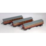 Three Hornby No. 2 Passenger coaches LMS 2x 1st/3rd and 1x Br/3rd, all silvering gone and roofs