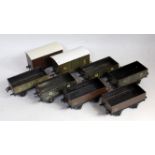 Eight Bassett-Lowke wagons: brown LMS van, 2x brown LMS opens, NE van, 3x GW and 1x LMS open