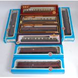 8 boxed coaches, 2 Airfix 54252, Stanier brake 254256 maroon and brown/cream with passengers,