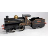 Hornby 1925/27 black LMS clockwork No. 0 loco with lined crest on cabside unlined boiler brass dome,