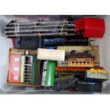 Large plastic crate containing Hornby compound c/w loco overpainted black with non-Hornby tender (