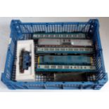 Tray of mixed Triang Hornby items BR blue class 3 Co-Co diesel locomotive, 3 blue/grey coaches,
