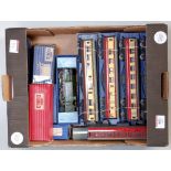 Small tray containing loco, coaches and wagons: EDL7 0-6-2 tank loco LNER 9596 green over-