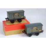 2x Hornby 1925/28 Carr's Biscuits van OAG base grey/blue body and roof both (F)